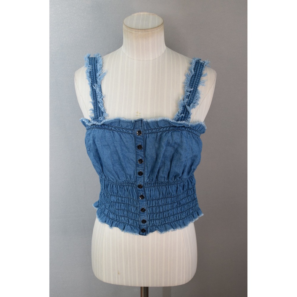 Pilcro Ruched Denim Crop Top Small Blue Smocked Frayed Button Front Tank Boho